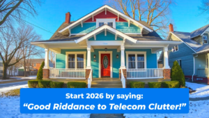 Photo of craftsman house, blue sky, some snow, and text