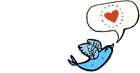 Blue bird chirping a red heart and text: Wire Free Sky